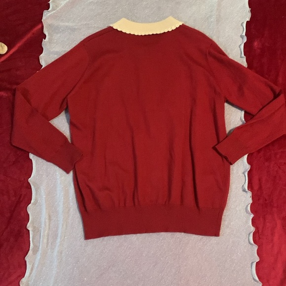 Red Merino Wool Sweater w/ Cream Rhinestone Knit Collar/Lining Sz L/XL - Picture 6 of 8